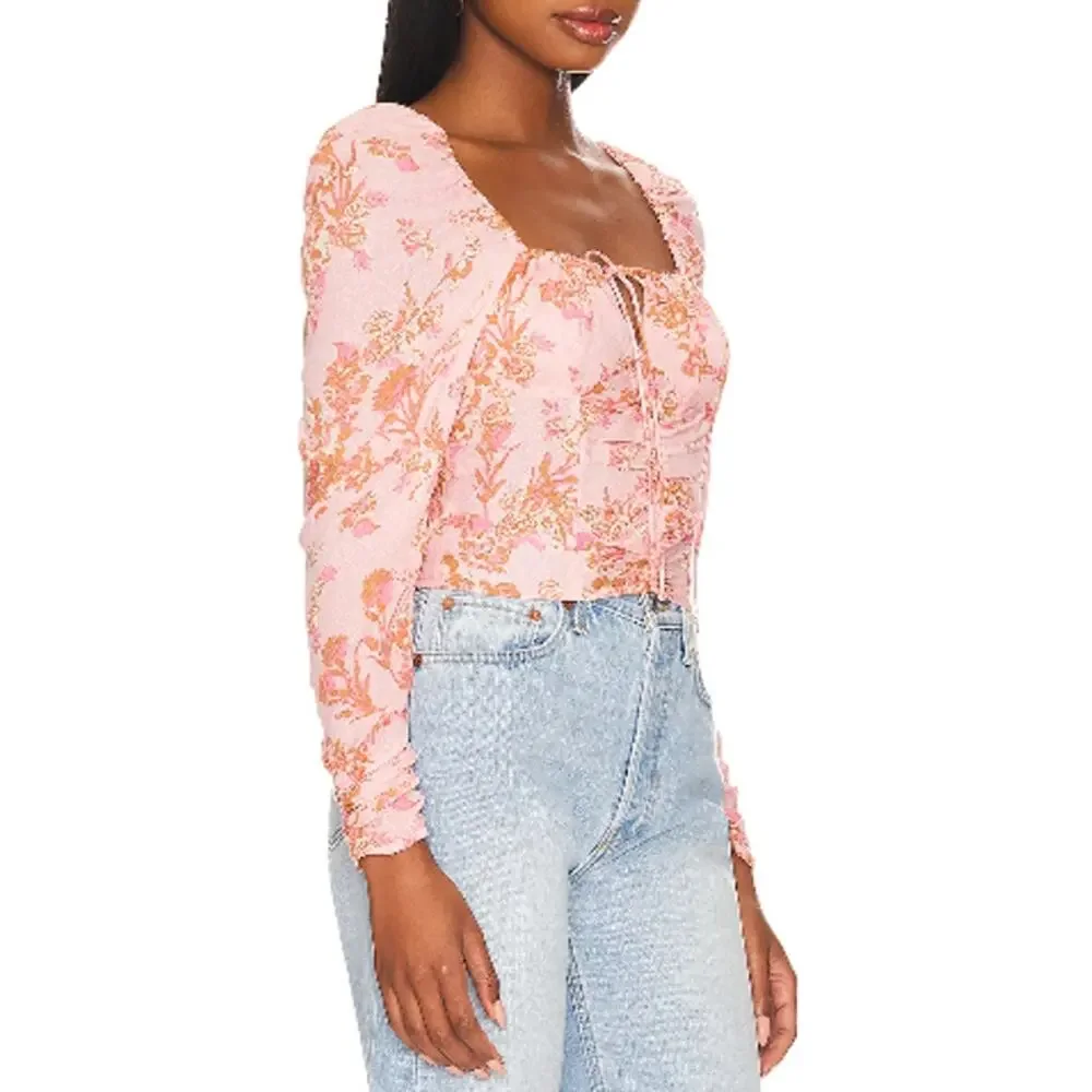 NWT Free‎ People Hilary Printed Top in Pink Combo
